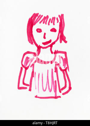 Croquis de fille main-dessiné par pink au feutre sur papier blanc Banque D'Images