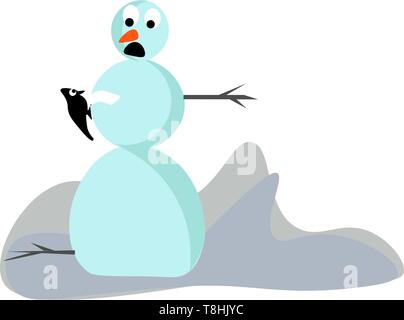 De Clipart un mignon petit bonhomme avec ses yeux étonnamment bas ressemble à l'oiseau noir perché dans ses bras a l'air joli, vector, colo Illustration de Vecteur