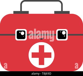 La médecine de couleur rouge avec certains médicaments nécessaires pour les activités de plein air ou de la famille d'urgence a un visage aux yeux haut-gauche est smil Illustration de Vecteur