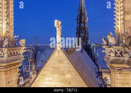 France, Paris, d'une zone inscrite au Patrimoine Mondial de l'UNESCO, la cathédrale Notre-Dame sur l'île de ville, gargouilles et de la spire Banque D'Images