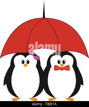 Le pingouin couple partageant le même parapluie et regardant est étonnant, tandis que la fille penguin in a purple bow clip et le garçon dans un bo rouge Illustration de Vecteur