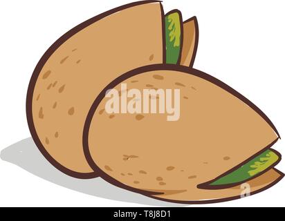 Un disque brown coquilles de fruits le split d'exposer les deux beau vert pistaches trouvés à l'intérieur set isolé sur fond blanc, scénario, couleur d Illustration de Vecteur