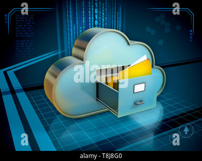 Système de stockage dans le cloud avec un tiroir ouvert et certains dossiers. 3D illustration. Banque D'Images