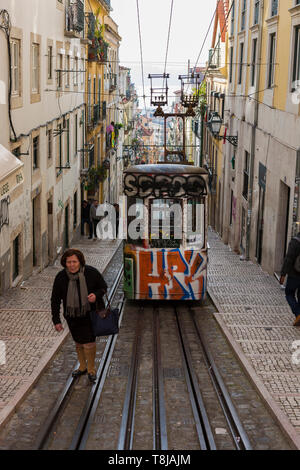 Promenades sur la dame de tram en face de l'ascensor da Bica, funiculaire le plus ancien de Lisbonne, Misericórdia, Lisbonne, Portugal Banque D'Images