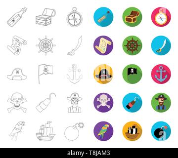 Pirate, voleur mer contours,télévision icônes de collection set pour la conception. Trésors, symbole vecteur attributs images illustrations. Illustration de Vecteur