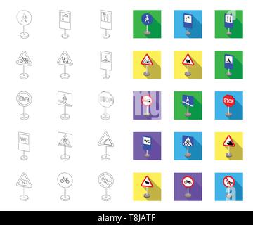 Différents types de panneaux routiers contours,télévision icônes de collection set pour la conception. Les panneaux d'interdiction et d'avertissement symbole vecteur illustration de stock. Illustration de Vecteur