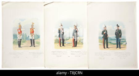 Un dossier avec 91 grandes chromolithographs de l'armée russe, circa 1880 représentations d'officiers et soldats de différents régiments. Edition avec le titre (tr.) "des modifications dans l'équipement et l'uniforme de l'armée russe sous l'empereur Alexandre Nikolaevitch 1874-1876'. Collés à l'intérieur différents labels tels que l'un de la bibliothèque de la 2e Brigade d'artillerie. Surtout bon état. Quelques feuilles tachées ou couper les bords, partiellement endommagés. Format des feuilles principalement 46 x 34 cm. Historique Historique, rare., 19e siècle, Additional-Rights Clearance-Info-Not-Available- Banque D'Images