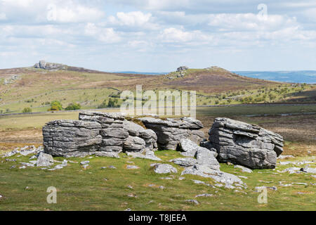 Vue de l'affleurements de granit en haut Tor, Dartmoor National Park, Devon, sur un jour nuageux. Emsworthy Rocks et selle Tor en arrière-plan. Banque D'Images