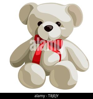 Doux mignon ours en peluche avec Red Ribbon bow isolé sur fond blanc. Cartoon Vector illustration close-up. Illustration de Vecteur