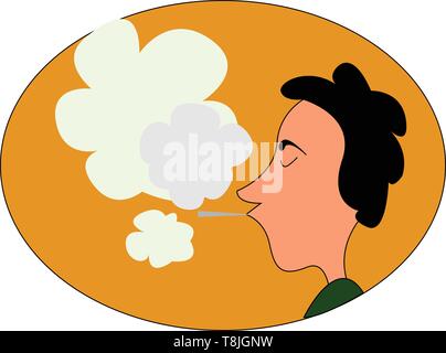 Un homme avec une cigarette dans la bouche, fumer avec beaucoup de fumée autour de lui, Scénario, dessin en couleur ou d'illustration. Illustration de Vecteur