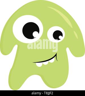 Un mignon petit monstre vert smiling avec trois dents dehors, Scénario, dessin en couleur ou d'illustration. Illustration de Vecteur