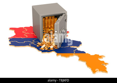 Coffre fort avec des pièces d'or sur la carte d'Arménie, 3D Rendering isolé sur fond blanc Banque D'Images