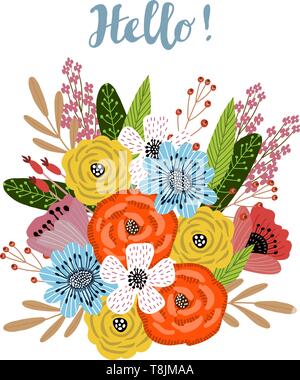 Modèle de carte postale verticale avec mignon dessin à la main superbe bouquet de fleurs sur un fond blanc, vector Illustration de Vecteur