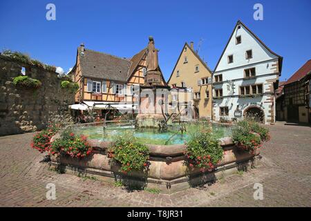 France, Alsace, Route des Vins d'Alsace, Eguisheim, étiqueté les Plus Beaux Villages de France, Place du Château, la fontaine surmontée d'une statue du pape Léon IX Banque D'Images