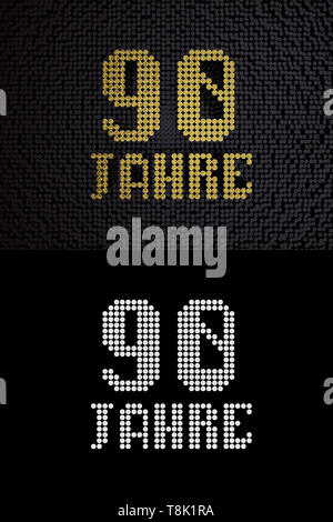 Nombre d'or allemand de 90 ans (90 ans) Nombre de polices en pointillés, vue du dessus, avec un zéro et un arrière-plan. Avec canal alpha. 3D illustration Banque D'Images