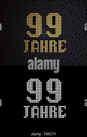 Nombre d'or allemand quatre-vingt-dix-neuf ans (99 ans) Nombre de polices en pointillés, vue du dessus, avec un zéro et un arrière-plan. Avec canal alpha. 3D illustration Banque D'Images