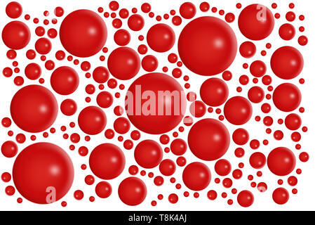 Bulles rouge sur blanc fond isolé. Molécules rougeâtre ou particules rondes abstraites. Ou chimiques des aliments de santé modèle concept. Montée flottante motion e Banque D'Images