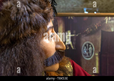 L'une des expositions du Musée de la torture cruelle dans Bruges, 'Oude Steen' - face de Vlad III, connu sous le nom de Vlad l'Empaleur (Vlad Dracula) de profil. Banque D'Images