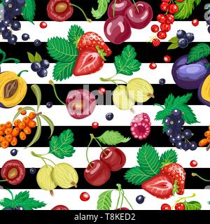 Modèle sans couture avec petits fruits jardin sur fond noir et blanc. Pour votre conception d'illustration vectorielle Illustration de Vecteur