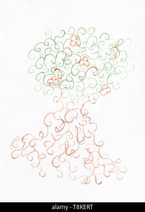 Arbre généalogique de fantaisie de gribouillis dessiné à la main par des crayons de couleur sur papier blanc Banque D'Images