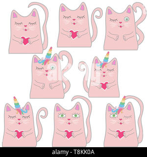 Big set funny cat rose licorne. Concept de miracles et de magie. Banque D'Images