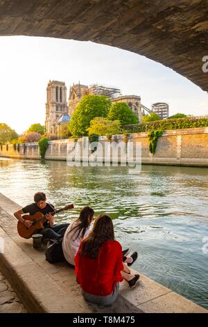 France, Paris, région classée au Patrimoine Mondial de l'UNESCO, l'Ile de la cité, la cathédrale de Notre Dame après l'incendie du 15 avril 2019 Banque D'Images