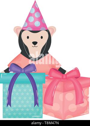 Singe mignon avec les cadeaux d'anniversaire dans la conception d'illustration vectorielle Illustration de Vecteur