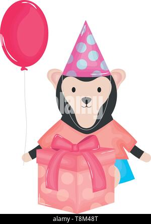 Singe mignon avec de l'hélium et ballons en cadeau d'anniversaire vector illustration design Illustration de Vecteur