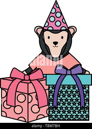 Singe mignon avec les cadeaux d'anniversaire dans la conception d'illustration vectorielle Illustration de Vecteur