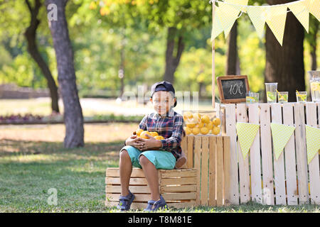 Peu d'Afro-Américain boy holding bowl avec citrons mûrs dans près de Park Banque D'Images