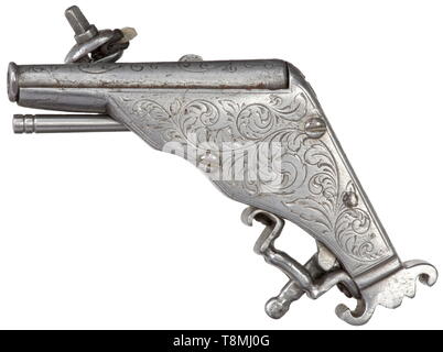 Une miniature tout métal pistolet wheellock, portée Michael Mann, Nuremberg, vers 1600, canon rond avec museau renforcé lisse de calibre 2,5 mm. Finement gravée sur le dessus de la décoration des vrilles. Wheellock externe. Stock Tout en métal avec lame en la forme d'une chambre et de vrilles gravé. Pontet en fer vissée, remplacé le fer ramrod. Longueur 6 cm. Miniature entièrement fonctionnel sophistiqué, qui peut sans doute être attribuée à l'atelier de Michael Mann, historique historique., pistolet, arme à feu, arme à feu, d'armes à feu, armes à feu, armes à feu, des armes à feu, arme simple, Additional-Rights Clearance-Info,--Not-Available Banque D'Images