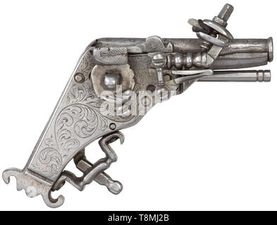 Une miniature tout métal pistolet wheellock, portée Michael Mann, Nuremberg, vers 1600, canon rond avec museau renforcé lisse de calibre 2,5 mm. Finement gravée sur le dessus de la décoration des vrilles. Wheellock externe. Stock Tout en métal avec lame en la forme d'une chambre et de vrilles gravé. Pontet en fer vissée, remplacé le fer ramrod. Longueur 6 cm. Miniature entièrement fonctionnel sophistiqué, qui peut sans doute être attribuée à l'atelier de Michael Mann, historique historique., pistolet, arme à feu, arme à feu, d'armes à feu, armes à feu, armes à feu, des armes à feu, arme simple, Additional-Rights Clearance-Info,--Not-Available Banque D'Images