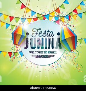 Festa Junina Illustration avec drapeaux de parti et lanterne de papier brillant sur fond vert. Vector Design Festival Brésil Juin pour carte de souhaits Illustration de Vecteur