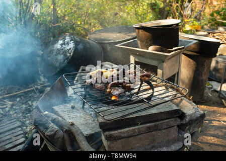 Cuisine extérieure avec de la viande d'être rôti sur feu ouvert. Teotitlan del Valle, l'État de Oaxaca, Mexique. Apr 2019 Banque D'Images