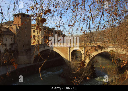 L'île Tibérine (Isola Tiberina) sur le Tibre à Rome, Italie à l'automne Banque D'Images