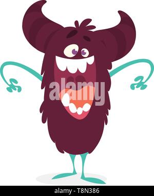 Caricature en colère monstre. Vector illustration of black funny monster rire avec grande bouche Illustration de Vecteur