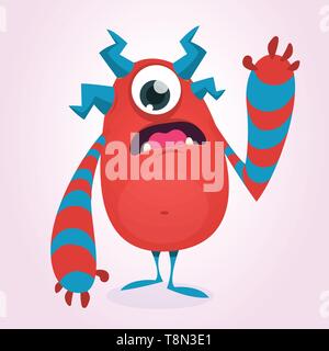 Cute cartoon monster surpris main ondulant expression. Vector illustration Halloween drôle de caractère monstre rouge Illustration de Vecteur