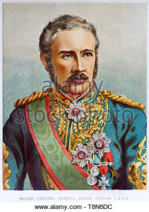 Le major-général Charles George Gordon Young, 1833 - 1885, également connu sous le nom de Chinese Gordon, Gordon Pacha, et Gordon de Khartoum, était un officier de l'Armée britannique et administrateur, illustration couleur de 1884 Banque D'Images