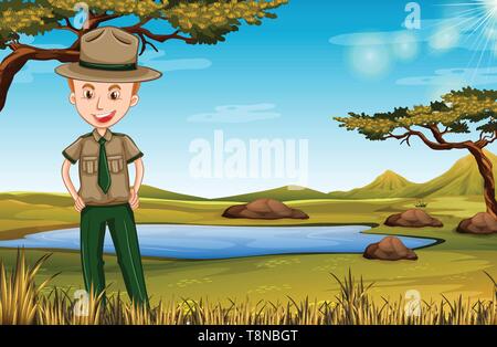 Park ranger dans scène africaine Illustration de Vecteur