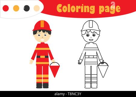 Sapeur-pompier en style dessin animé, coloriages, jeu de papier de l'éducation pour le développement des enfants, pour les enfants, activité préscolaire version feuille, vector Illustration de Vecteur