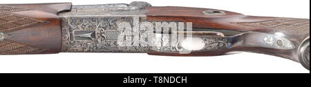 Une combinaison de trois frères d'armes à feu à canon Adamy, Suhl Cal. 20/76, 7 x 65R, cal..22 Win Mag, no. 5922. Marque allemande. Alésage tourné comme un miroir, légèrement matt bullet alésages. Longueur des canons 65 cm. Vue arrière rabattable avec large et étroit de visée arrière cut-out. Le groupe canon en noir poli. Inscrit 'Gebr. ADAMY, SUHL'. Action avec serrure. Kersten La sécurité sur le côté. Sélecteur de la petite du stock. Déclenchement avant avec détente. Cas d'action cémenté couleur. Gravure avec des feuilles d'ornements. De plus sur le côté gauche de la gravure , Additional-Rights Clearance-Info-Not-Available- Banque D'Images