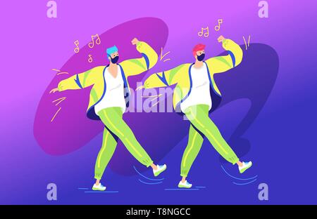 Shuffle dance concept vector illustration de deux jeunes adolescents dansant ensemble et gesticulant Haut les mains avec les symboles musicaux. Par gradient émotionnelle Illustration de Vecteur