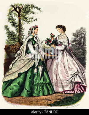 La mode pour la femme Victorienne colorée originale gravure vers 1870 Banque D'Images