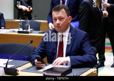 Bruxelles, Belgique. 14 mai 2019. Ministre polonais Mariusz Błaszczak occupe à la réunion de ministres de la défense de l'UE au siège de l'UE. Credit : ALEXANDROS MICHAILIDIS/Alamy Live News Banque D'Images