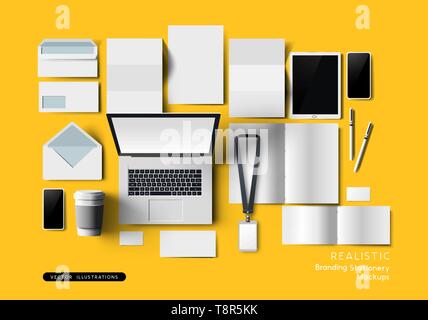 Vue de dessus de papeterie de bureau et périphériques. L'identité de marque et modèle de la maquette. Vector illustration. Illustration de Vecteur