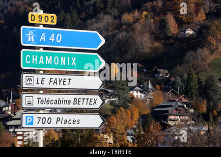 Panneau. A40. Chamonix. Le Fayet. Bettex. Saint-Gervais-les-Bains. Haute-Savoie. La France. Banque D'Images