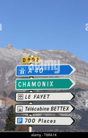 Panneau. A40. Chamonix. Le Fayet. Bettex. Saint-Gervais-les-Bains. Haute-Savoie. La France. Banque D'Images