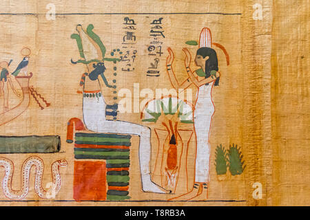 Papyrus funéraire égyptien montrant Osiris défunt sur son trône Musée d'antiquités égyptiennes Le Caire Egypte Banque D'Images
