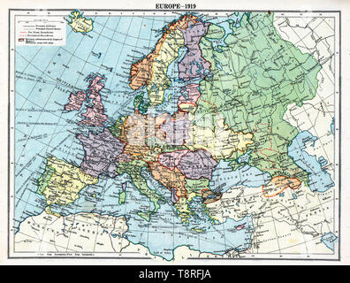 Carte de l'Europe politique divisions en 1919 (après le Traité de Brest-Litovsk et Versailles et devant les traités de Trianon, Riga, Kars et la création de l'Union soviétique et les républiques de l'Irlande et la Turquie. Banque D'Images