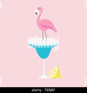 Carte de vœux, d'invitation de l'été. Faites à la main citron et flamant rose oiseau debout dans un verre à cocktail margarita. Fond d'illustration vectorielle Illustration de Vecteur